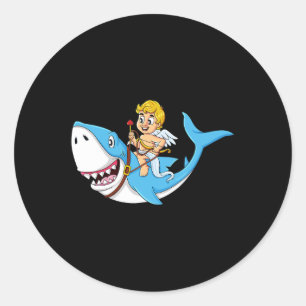 Cupid Riding Shark Valentines Day Fun Boys Girls K Classic Round Sticker