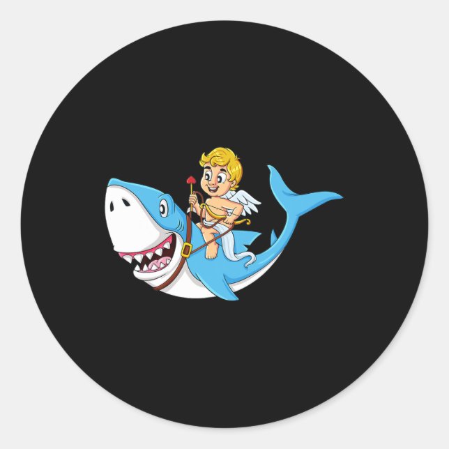 Cupid Riding Shark Valentines Day Fun Boys Girls K Classic Round Sticker (Front)