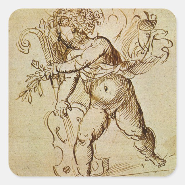 Cupid with a Violin by Domenico Campagnola Square Sticker (Front)