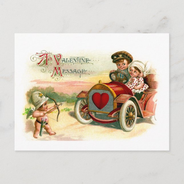 Cupid's Arrow Points at Couple in Car Holiday Postcard (Front)