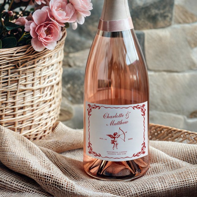 Cupid's Arrow Red Vintage Wedding Sparkling Wine Label (Creator Uploaded)