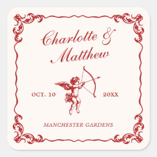 Cupid's Arrow Red Vintage Wedding Square Sticker