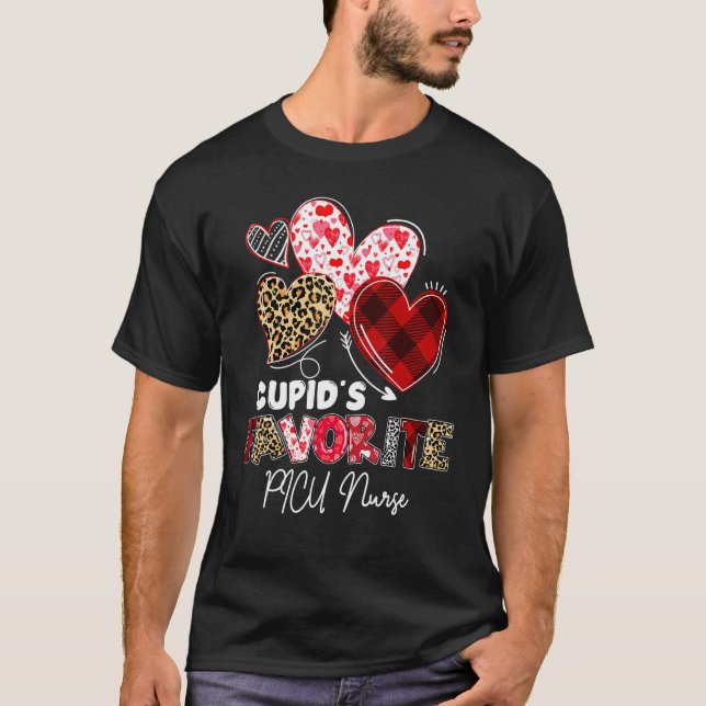 Cupid's Favorite PICU Nurse Valentine Buffalo Plai T-Shirt (Front)
