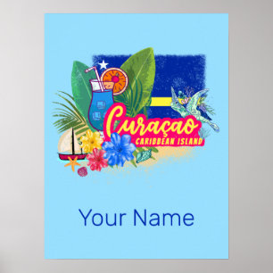 Curacao retro caribbean island with turtle vintage poster