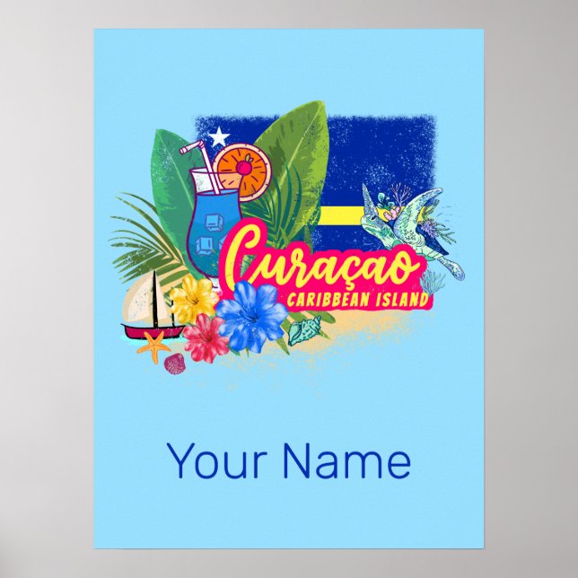 Curacao retro caribbean island with turtle vintage poster (Front)