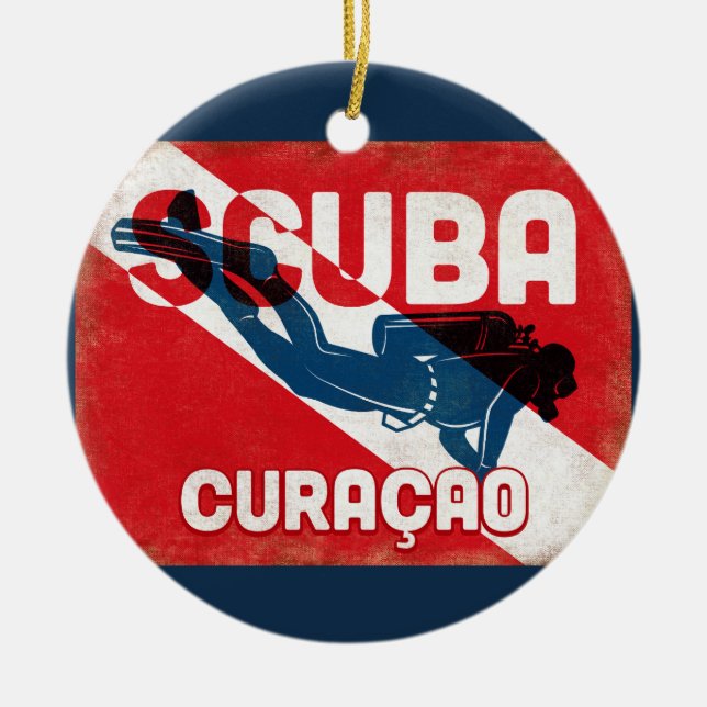 Curaçao Scuba Diver - Blue Retro Ceramic Tree Decoration (Front)