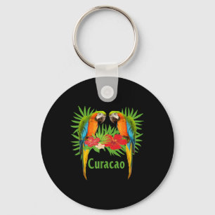 Curacao Vacation Parrots Tropical Flowers Green Pa Key Ring