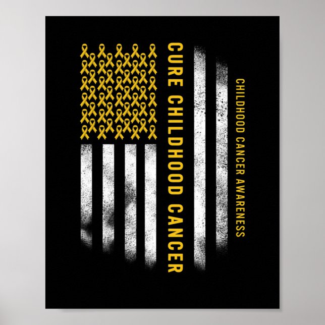 Cure Childhood Cancer Gold Ribbon Usa Flag Support Poster (Front)