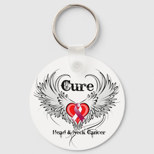 Cure Head Neck Cancer Heart Tattoo Wings Key Ring (Front)