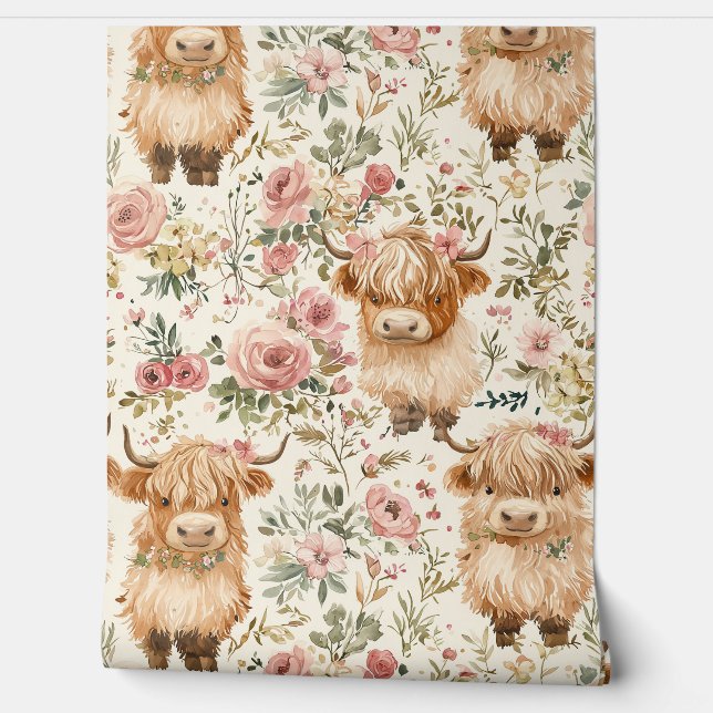 Cure highland cow with flowers. Watercolor nursery Wallpaper (Unrolling)
