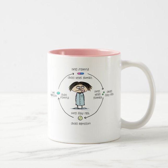 Cures and Causes | Medication Side Effects Cartoon Two-Tone Coffee Mug (Right)