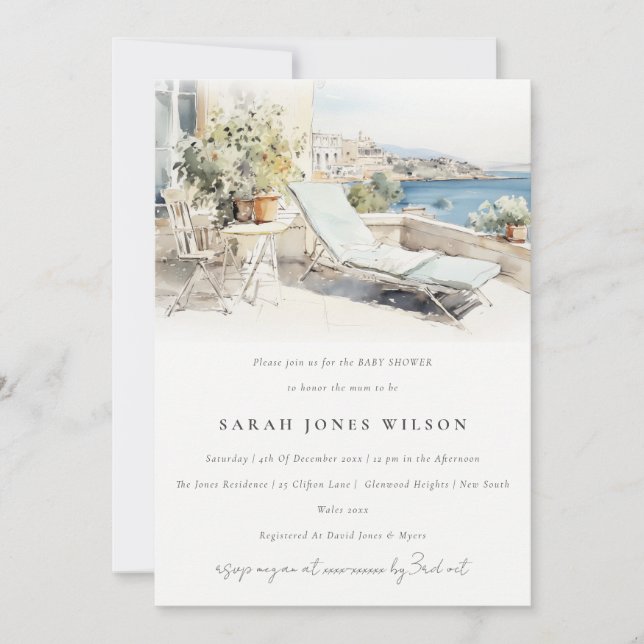 Curfu Greece Watercolor Landscape Baby Shower Invitation (Front)