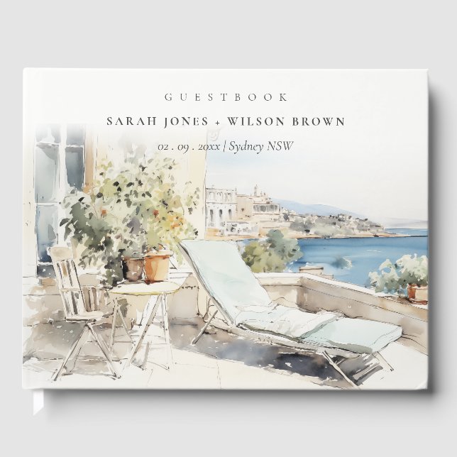 Curfu Greece Watercolor Landscape Wedding Guest Book (Front)