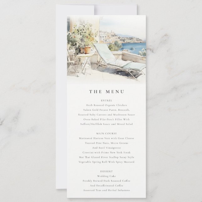 Curfu Greece Watercolor Landscape Wedding Menu Invitation (Front)