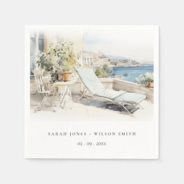 Curfu Greece Watercolor Landscape Wedding Napkin (Front)