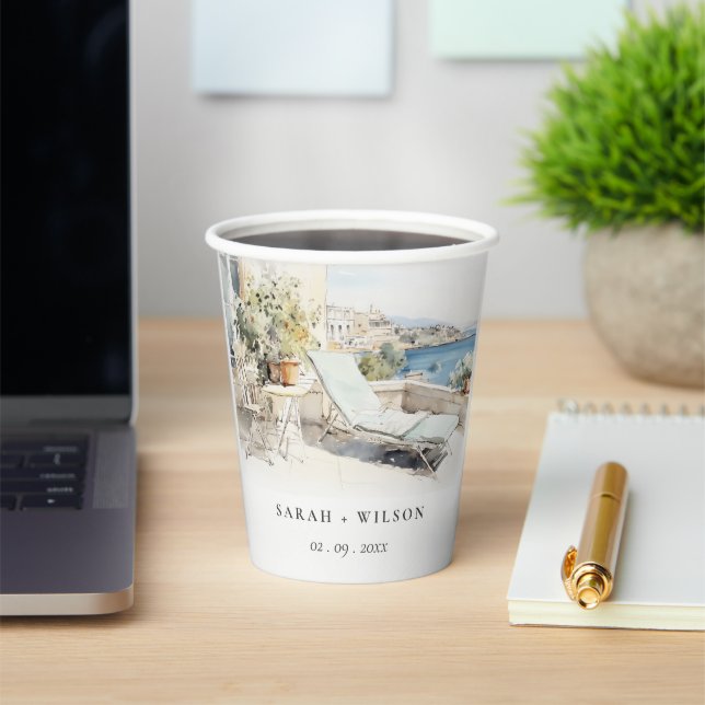 Curfu Greece Watercolor Landscape Wedding Paper Cups (Insitu)