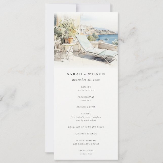 Curfu Greece Watercolor Landscape Wedding Program Invitation (Front)