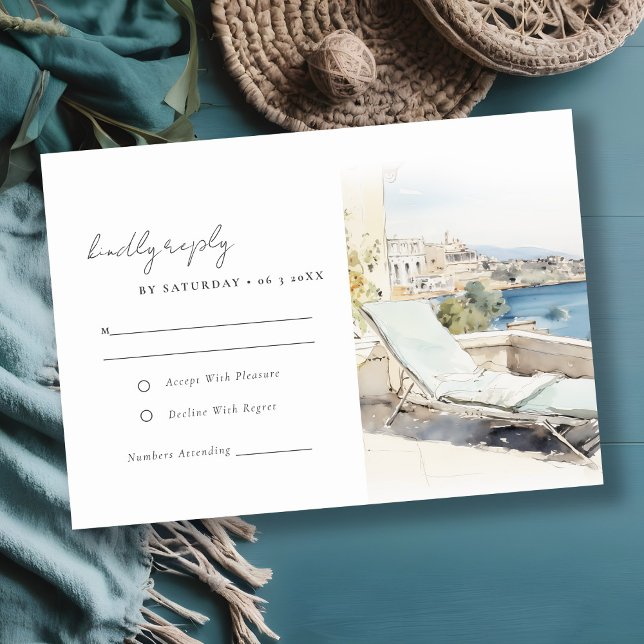 Curfu Greece Watercolor Landscape Wedding RSVP Card (Creator Uploaded)