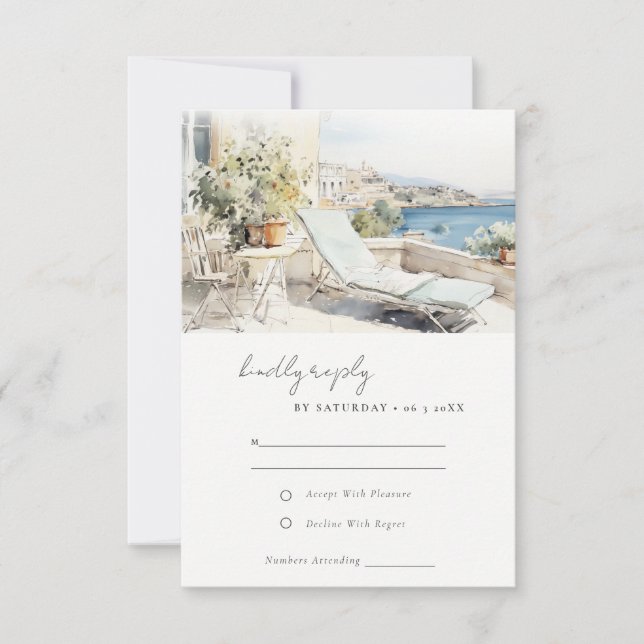 Curfu Greece Watercolor Landscape Wedding RSVP Card (Front)