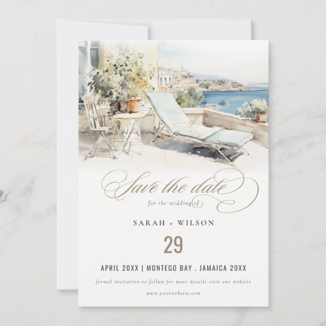Curfu Greece Watercolor Landscape Wedding Save The Date (Front)