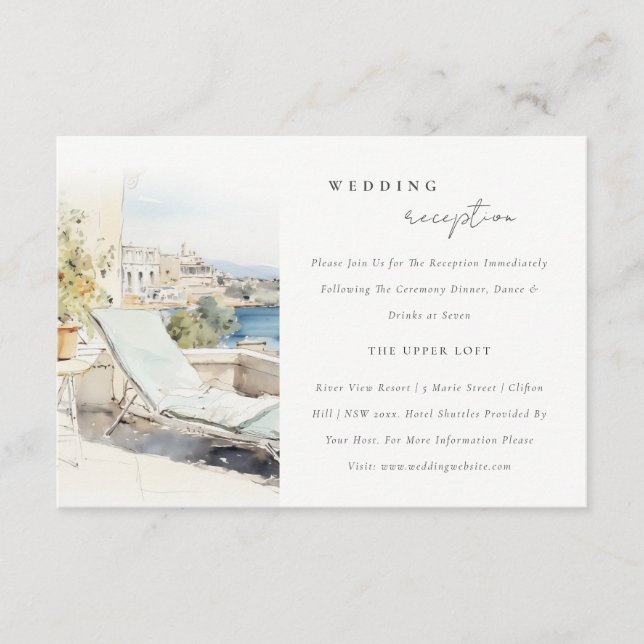 Curfu Greece Watercolor Scape Wedding Reception Enclosure Card (Front)