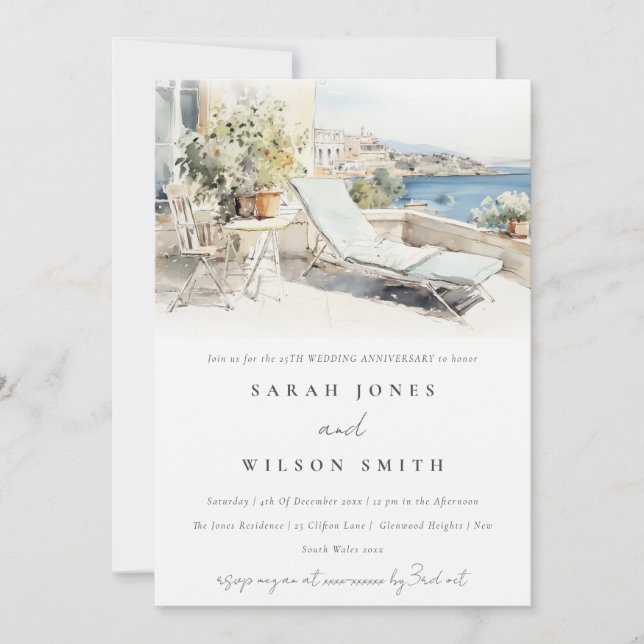 Curfu Greece Watercolor Wedding Anniversary Invitation (Front)