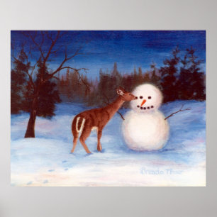 Curiosity Deer and Snowman Poster