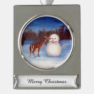 Curiosity Deer and Snowman Silver Plated Banner Ornament