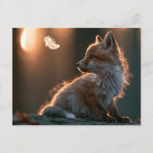 Curious Baby Fox Watching a Floating Feather Postcard