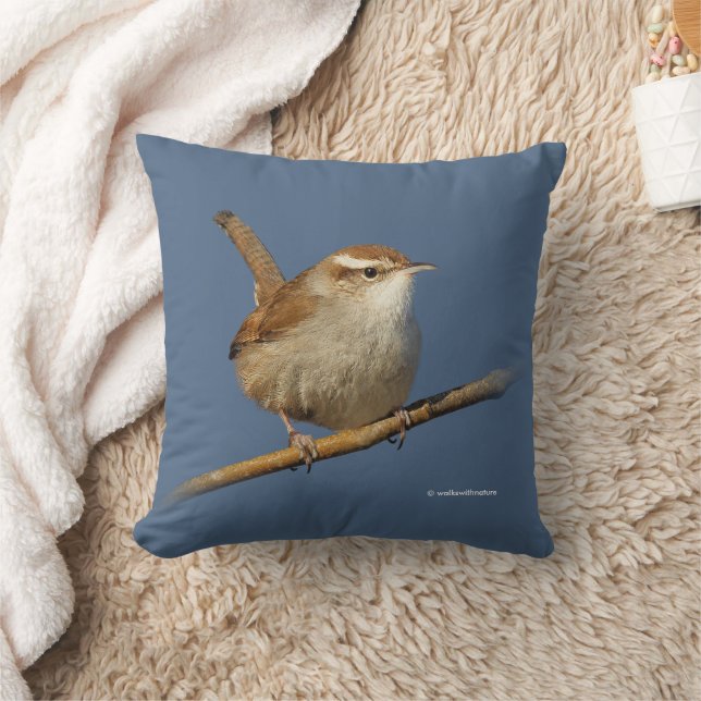 Curious Bewick's Wren Songbird on Branch Cushion (Blanket)