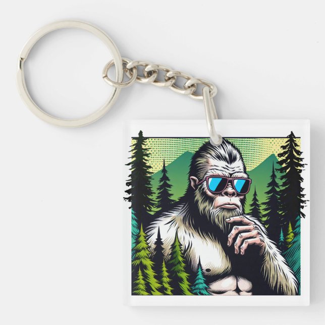 Curious Bigfoot with Sunglasses Hiding in Woods Key Ring (Front)