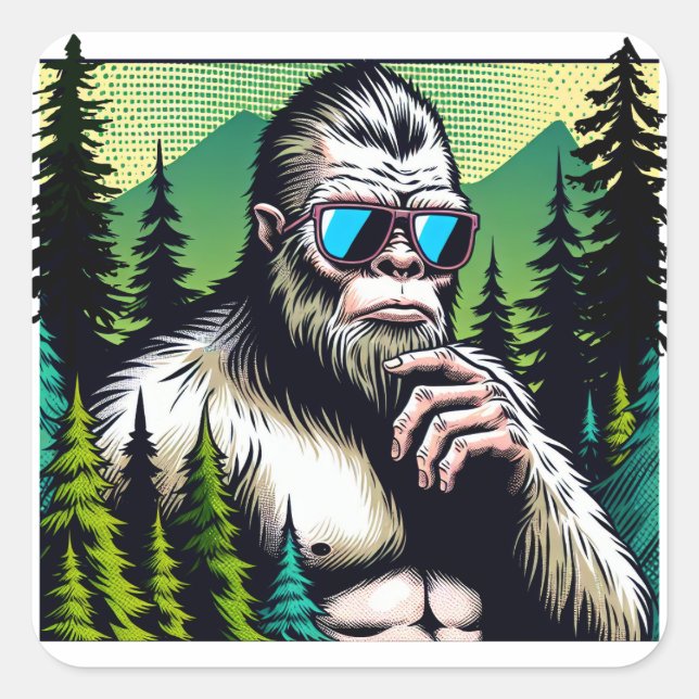 Curious Bigfoot with Sunglasses Hiding in Woods Square Sticker (Front)