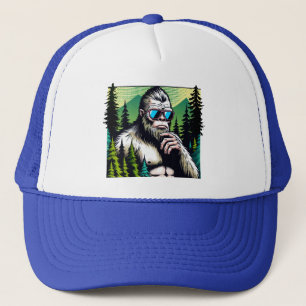Curious Bigfoot with Sunglasses Hiding in Woods Trucker Hat