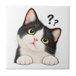 Curious Black and White Tuxedo Cat Throw Pillow Tile