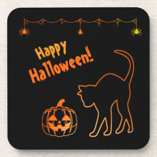 Curious Black Cat and Jack-o-Lantern Halloween Coaster