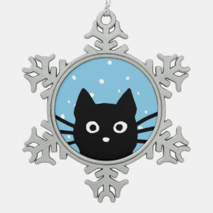 Curious Black Cat   Cute Peeking Kitty Holiday Snowflake Pewter Christmas Ornament
