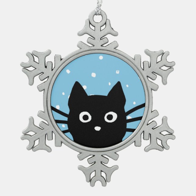 Curious Black Cat | Cute Peeking Kitty Holiday Snowflake Pewter Christmas Ornament (Front)
