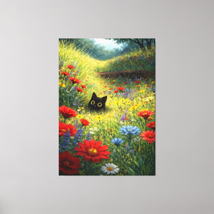 Curious Black Cat in a Wildflower Meadow Canvas Print
