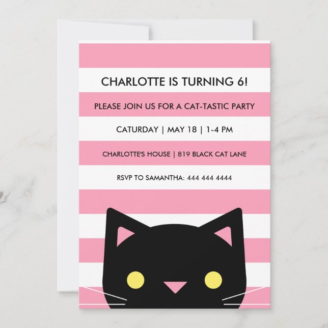 Curious Black Cat | Stripes | Birthday Party Invitation (Front)
