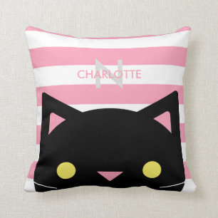 Curious Black Cat   Stripes   Monogram Cushion