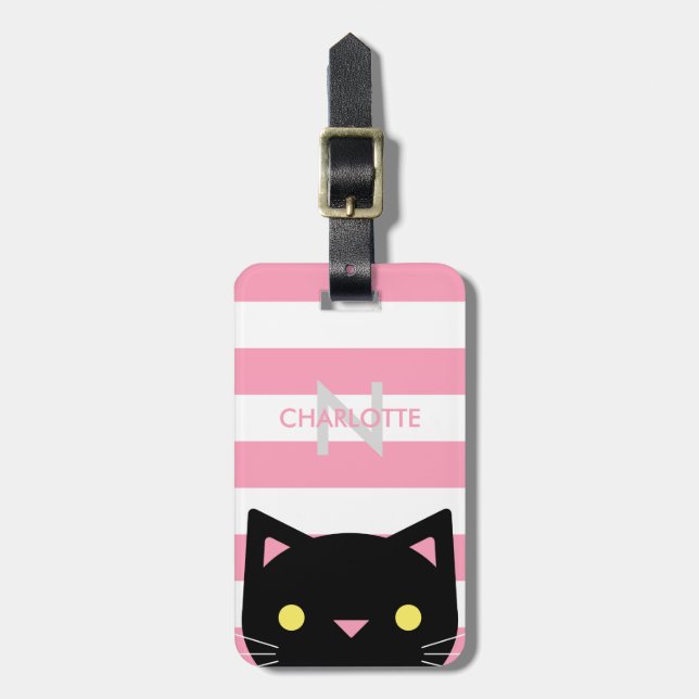 Curious Black Cat | Stripes | Monogram Luggage Tag (Front Vertical)