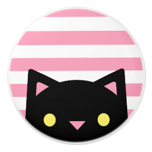 Curious Black Cat Stripes Pink & White Ceramic Knob
