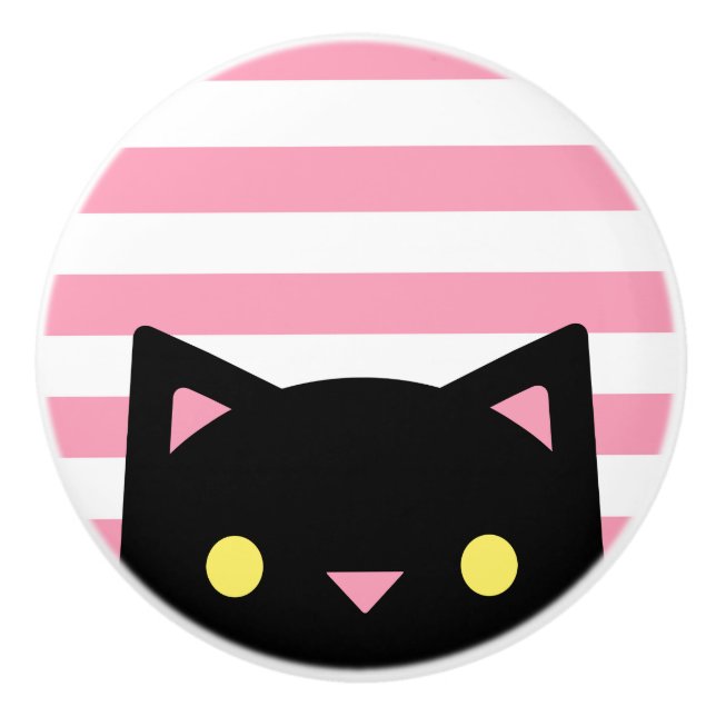 Curious Black Cat | Stripes | Pink & White Ceramic Knob (Front)