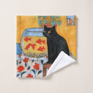 Curious Black Cat Watching Fishbowl Bath Towel Set
