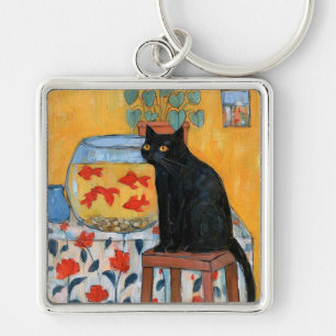 Curious Black Cat Watching Fishbowl Key Ring