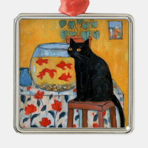Curious Black Cat Watching Fishbowl Metal Tree Decoration