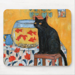Curious Black Cat Watching Fishbowl Mouse Mat