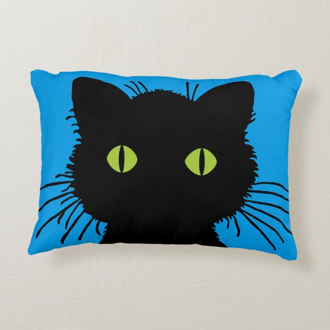 Curious Black Cat with Large Green Eyes Decorative Cushion (Back)