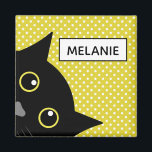 Curious Black Cat Yellow Polka Dot Personalised Magnet<br><div class="desc">Cute and bright design with peeking black cat and sunny yellow dotty background. Personalise with your name.</div>