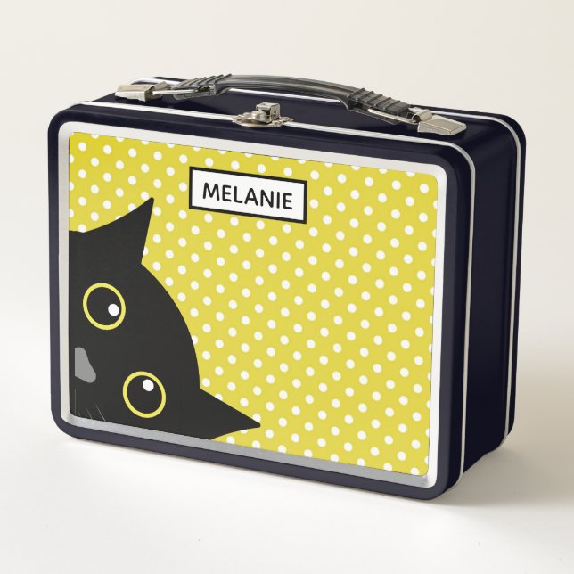 Curious Black Cat Yellow Polka Dot Personalised Metal Lunch Box (Front)